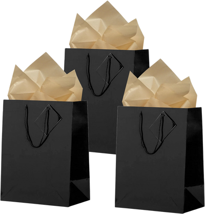 Black/Gold Large Glossy Gift Bags (10 x 13 x 5) (3 Pack) with Tissue Paper (10 Pack)