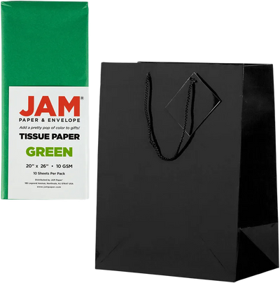 Black/Green Large Glossy Gift Bags (10 x 13 x 5) (3 Pack) with Tissue Paper (10 Pack)