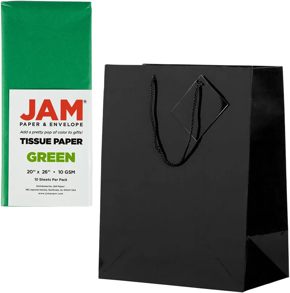 Black/Green Large Glossy Gift Bags (10 x 13 x 5) (3 Pack) with Tissue Paper (10 Pack)