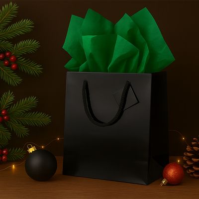 Black/Green Large Glossy Gift Bags (10 x 13 x 5) (3 Pack) with Tissue Paper (10 Pack)