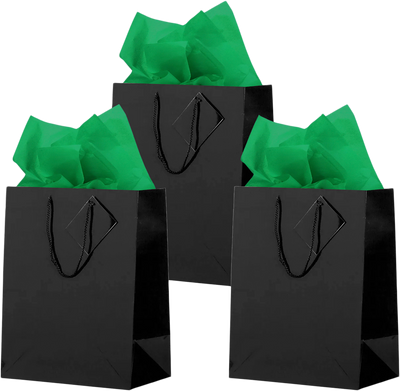 Black/Green Large Glossy Gift Bags (10 x 13 x 5) (3 Pack) with Tissue Paper (10 Pack)