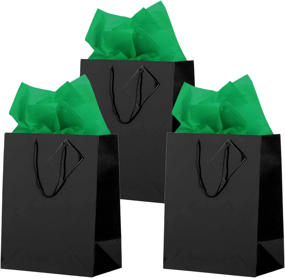 Black/Green Large Glossy Gift Bags (10 x 13 x 5) (3 Pack) with Tissue Paper (10 Pack)