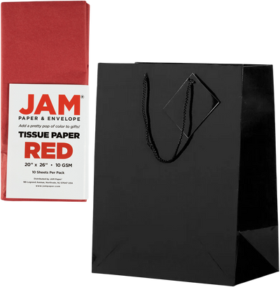Black/Red Large Glossy Gift Bags (10 x 13 x 5) (3 Pack) with Tissue Paper (10 Pack)