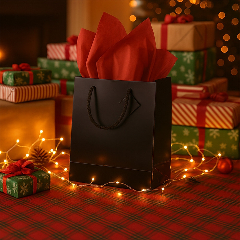 Black/Red Large Glossy Gift Bags (10 x 13 x 5) (3 Pack) with Tissue Paper (10 Pack)