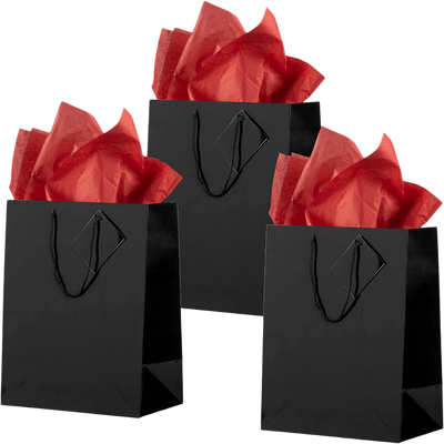 Black/Red Large Glossy Gift Bags (10 x 13 x 5) (3 Pack) with Tissue Paper (10 Pack)