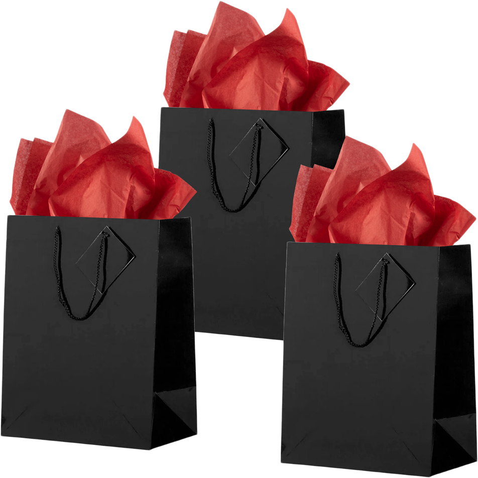 Black/Red Large Glossy Gift Bags (10 x 13 x 5) (3 Pack) with Tissue Paper (10 Pack)