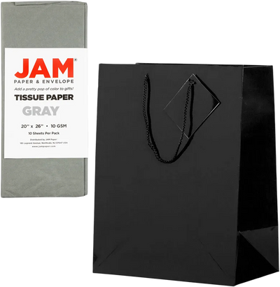 Black/Gray Large Glossy Gift Bags (10 x 13 x 5) (3 Pack) with Tissue Paper (10 Pack)