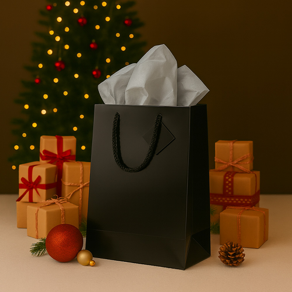Black/Gray Large Glossy Gift Bags (10 x 13 x 5) (3 Pack) with Tissue Paper (10 Pack)