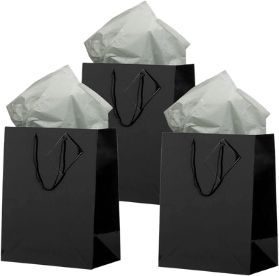 Black/Gray Large Glossy Gift Bags (10 x 13 x 5) (3 Pack) with Tissue Paper (10 Pack)
