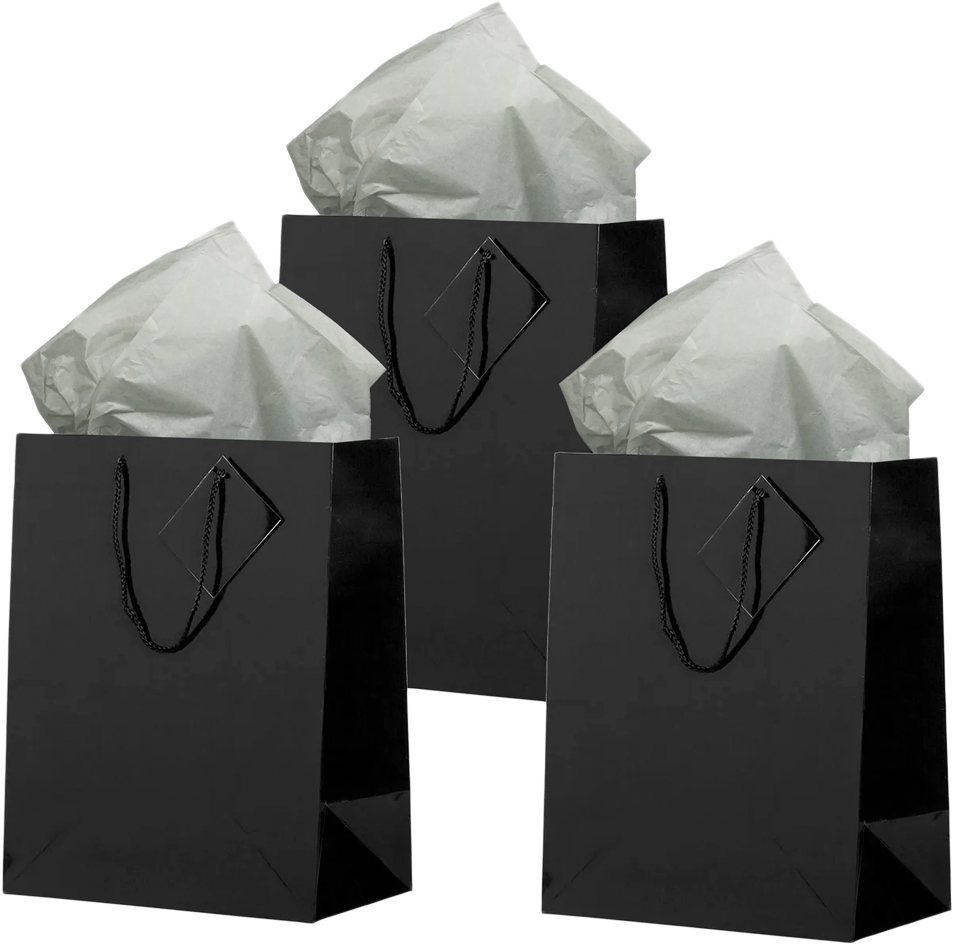 Black/Gray Large Glossy Gift Bags (10 x 13 x 5) (3 Pack) with Tissue Paper (10 Pack)