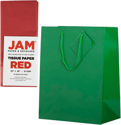 Green/Red Large Glossy Gift Bags (10 x 13 x 5) (3 Pack) with Tissue Paper (10 Pack)