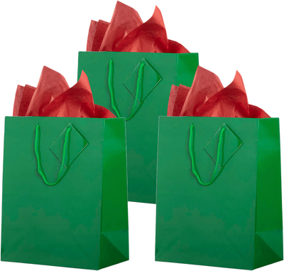 Green/Red Large Glossy Gift Bags (10 x 13 x 5) (3 Pack) with Tissue Paper (10 Pack)