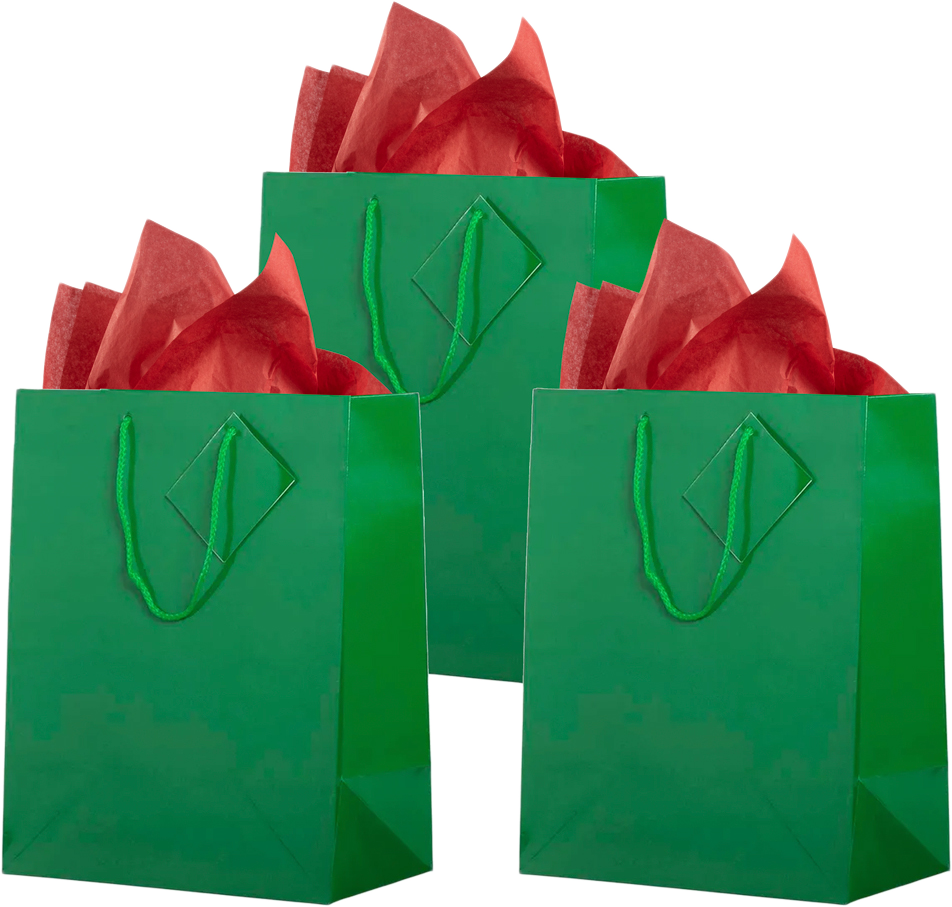 Green/Red Large Glossy Gift Bags (10 x 13 x 5) (3 Pack) with Tissue Paper (10 Pack)