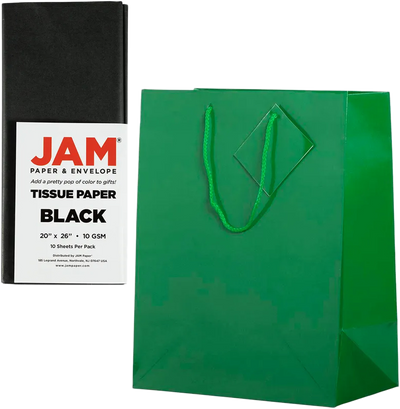 Green/Black Large Glossy Gift Bags (10 x 13 x 5) (3 Pack) with Tissue Paper (10 Pack)