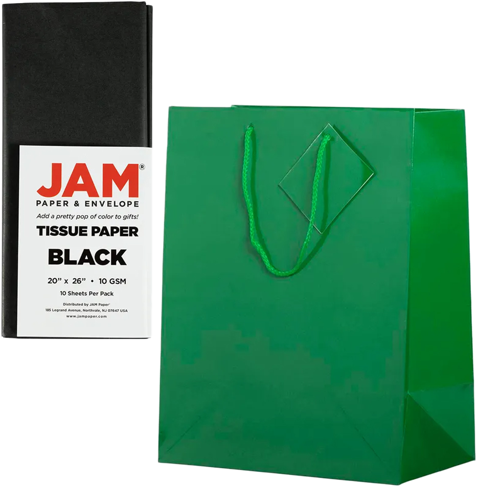Green/Black Large Glossy Gift Bags (10 x 13 x 5) (3 Pack) with Tissue Paper (10 Pack)