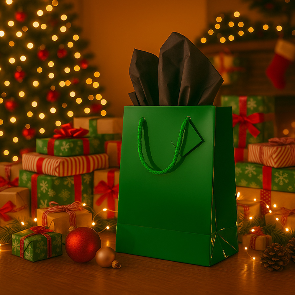 Green/Black Large Glossy Gift Bags (10 x 13 x 5) (3 Pack) with Tissue Paper (10 Pack)
