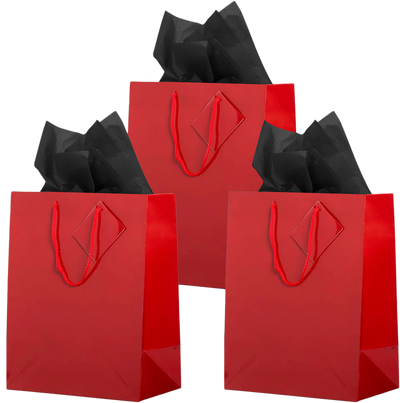 Red/Black Large Glossy Gift Bags (10 x 13 x 5) (3 Pack) with Tissue Paper (10 Pack)