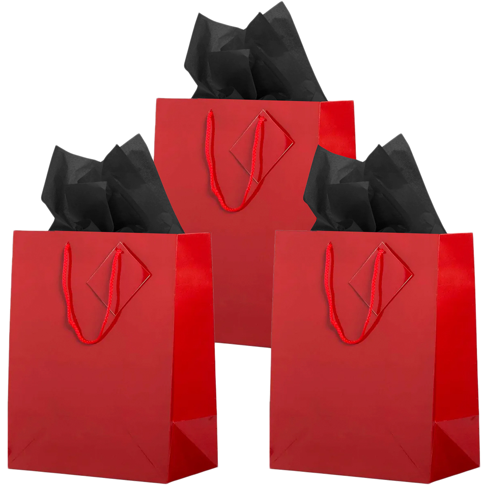 Red/Black Large Glossy Gift Bags (10 x 13 x 5) (3 Pack) with Tissue Paper (10 Pack)