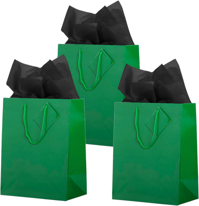Green/Black Large Glossy Gift Bags (10 x 13 x 5) (3 Pack) with Tissue Paper (10 Pack)