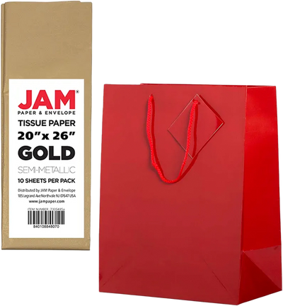 Red/Gold Large Glossy Gift Bags (10 x 13 x 5) (3 Pack) with Tissue Paper (10 Pack)