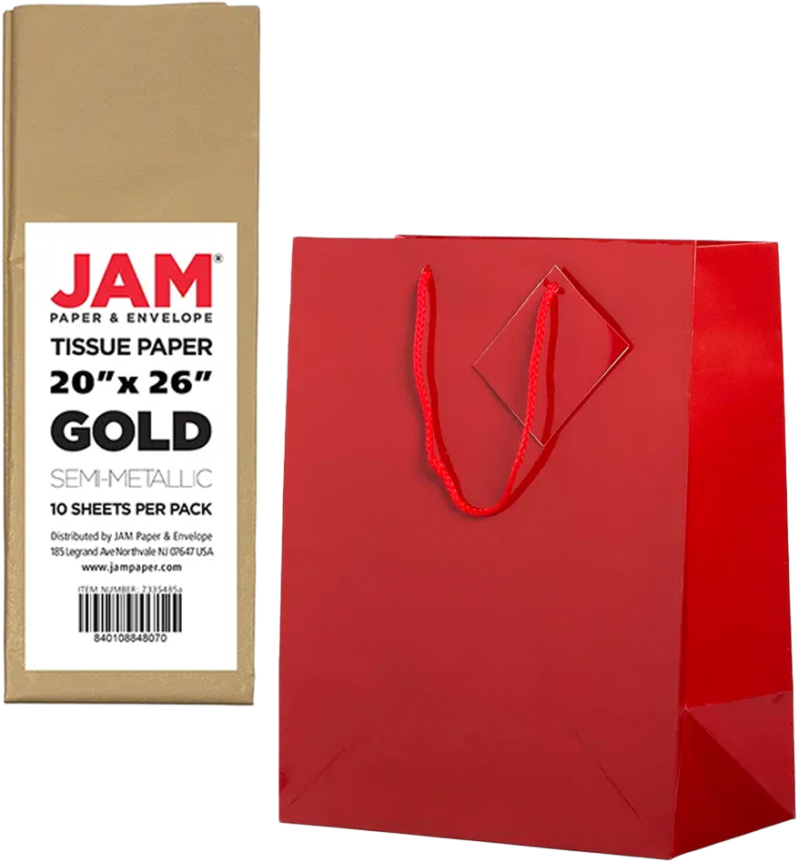 Red/Gold Large Glossy Gift Bags (10 x 13 x 5) (3 Pack) with Tissue Paper (10 Pack)