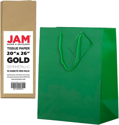 Green/Gold Large Glossy Gift Bags (10 x 13 x 5) (3 Pack) with Tissue Paper (10 Pack)