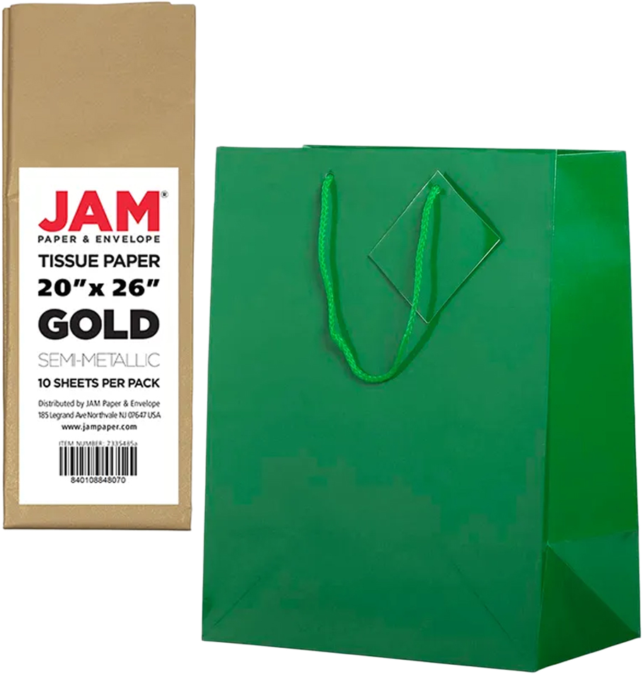 Green/Gold Large Glossy Gift Bags (10 x 13 x 5) (3 Pack) with Tissue Paper (10 Pack)