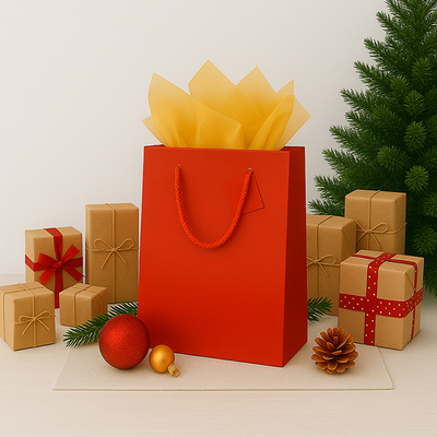 Red/Gold Large Glossy Gift Bags (10 x 13 x 5) (3 Pack) with Tissue Paper (10 Pack)