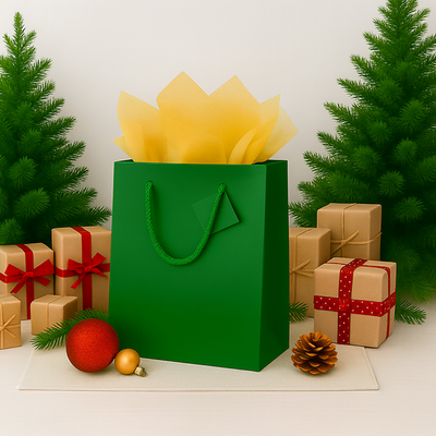 Green/Gold Large Glossy Gift Bags (10 x 13 x 5) (3 Pack) with Tissue Paper (10 Pack)