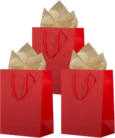 Red/Gold Large Glossy Gift Bags (10 x 13 x 5) (3 Pack) with Tissue Paper (10 Pack)