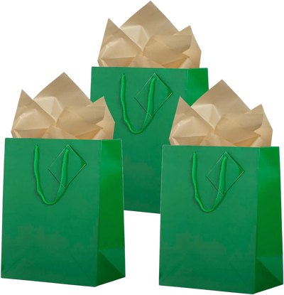 Green/Gold Large Glossy Gift Bags (10 x 13 x 5) (3 Pack) with Tissue Paper (10 Pack)