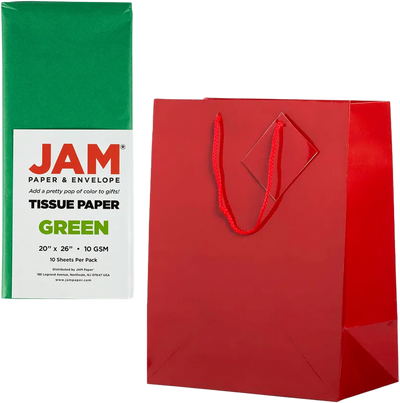 Red/Green Large Glossy Gift Bags (10 x 13 x 5) (3 Pack) with Tissue Paper (10 Pack)