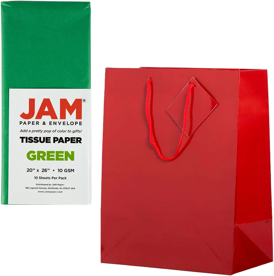Red/Green Large Glossy Gift Bags (10 x 13 x 5) (3 Pack) with Tissue Paper (10 Pack)
