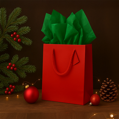 Red/Green Large Glossy Gift Bags (10 x 13 x 5) (3 Pack) with Tissue Paper (10 Pack)