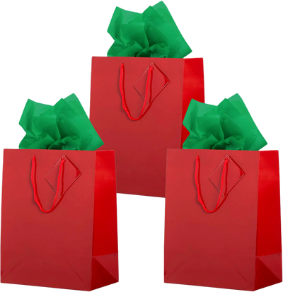 Red/Green Large Glossy Gift Bags (10 x 13 x 5) (3 Pack) with Tissue Paper (10 Pack)