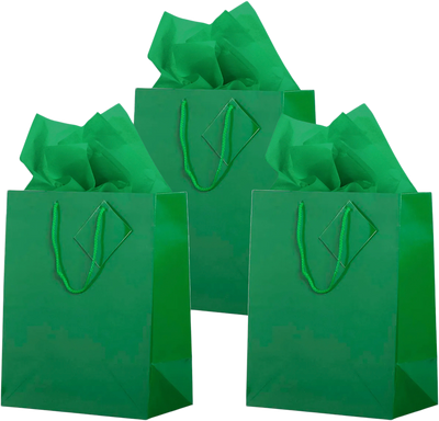 Green Large Glossy Gift Bags (10 x 13 x 5) (3 Pack) with Tissue Paper (10 Pack)