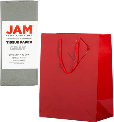 Red/Gray Large Glossy Gift Bags (10 x 13 x 5) (3 Pack) with Tissue Paper (10 Pack)