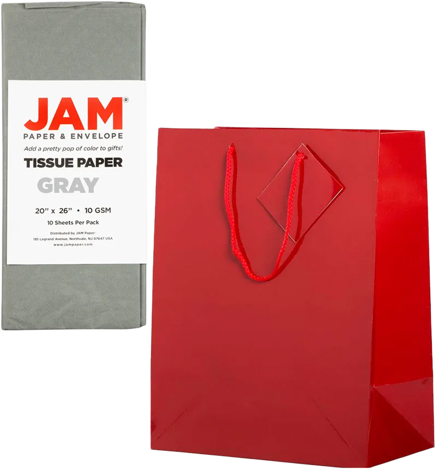 Red/Gray Large Glossy Gift Bags (10 x 13 x 5) (3 Pack) with Tissue Paper (10 Pack)