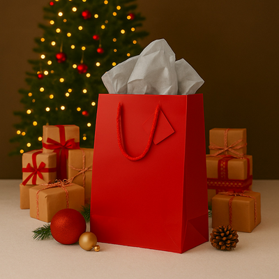 Red/Gray Large Glossy Gift Bags (10 x 13 x 5) (3 Pack) with Tissue Paper (10 Pack)