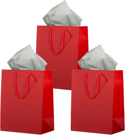 Red/Gray Large Glossy Gift Bags (10 x 13 x 5) (3 Pack) with Tissue Paper (10 Pack)