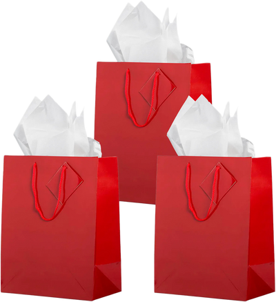 Red /White Large Glossy Gift Bags (10 x 13 x 5) (3 Pack) with Tissue Paper (10 Pack)
