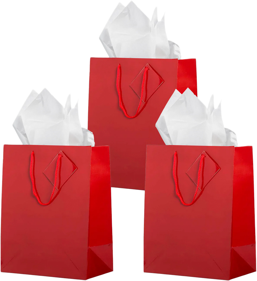 Red /White Large Glossy Gift Bags (10 x 13 x 5) (3 Pack) with Tissue Paper (10 Pack)