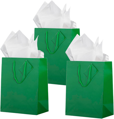 Green/White Large Glossy Gift Bags (10 x 13 x 5) (3 Pack) with Tissue Paper (10 Pack)