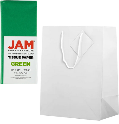 White/Green Large Glossy Gift Bags (10 x 13 x 5) (3 Pack) with Tissue Paper (10 Pack)