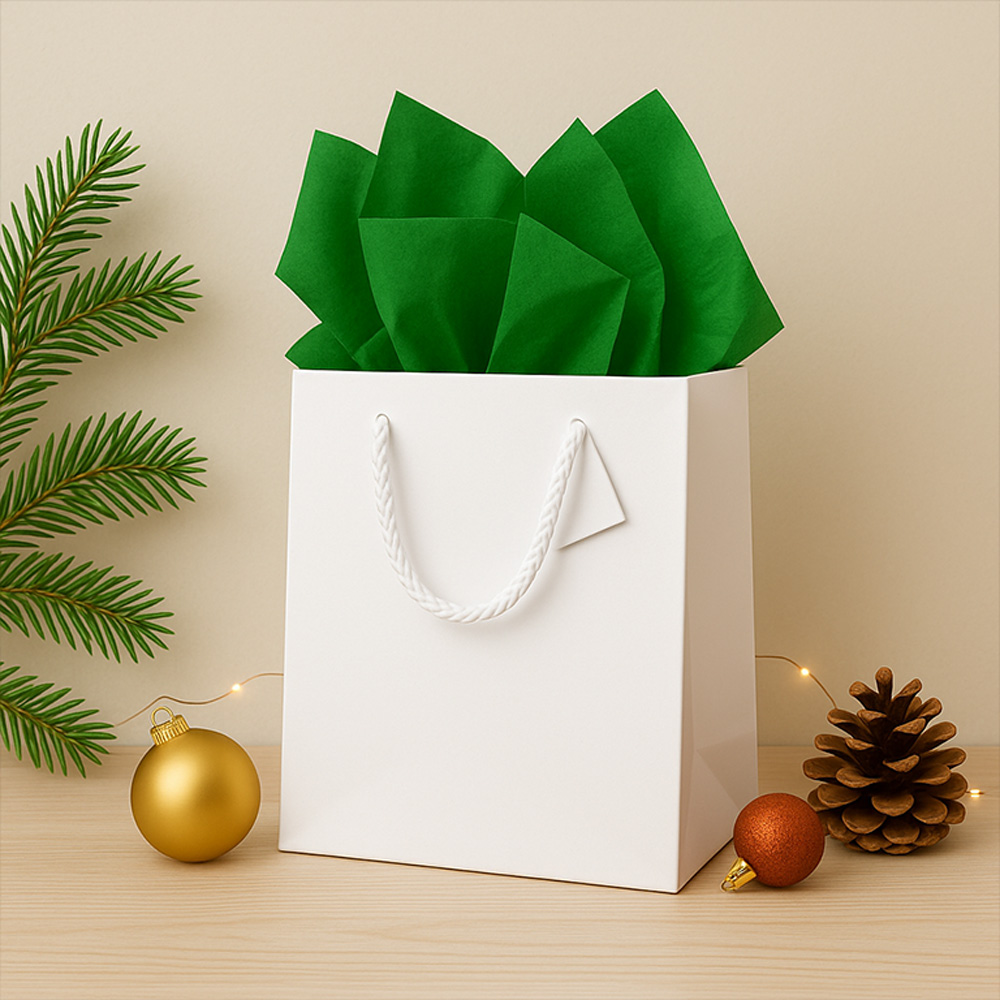 White/Green Large Glossy Gift Bags (10 x 13 x 5) (3 Pack) with Tissue Paper (10 Pack)