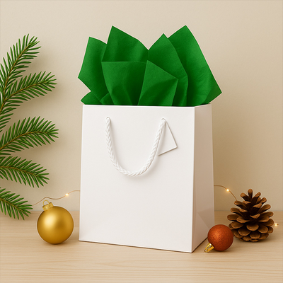White/Green Large Glossy Gift Bags (10 x 13 x 5) (3 Pack) with Tissue Paper (10 Pack)