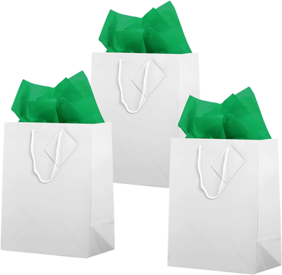 White/Green Large Glossy Gift Bags (10 x 13 x 5) (3 Pack) with Tissue Paper (10 Pack)