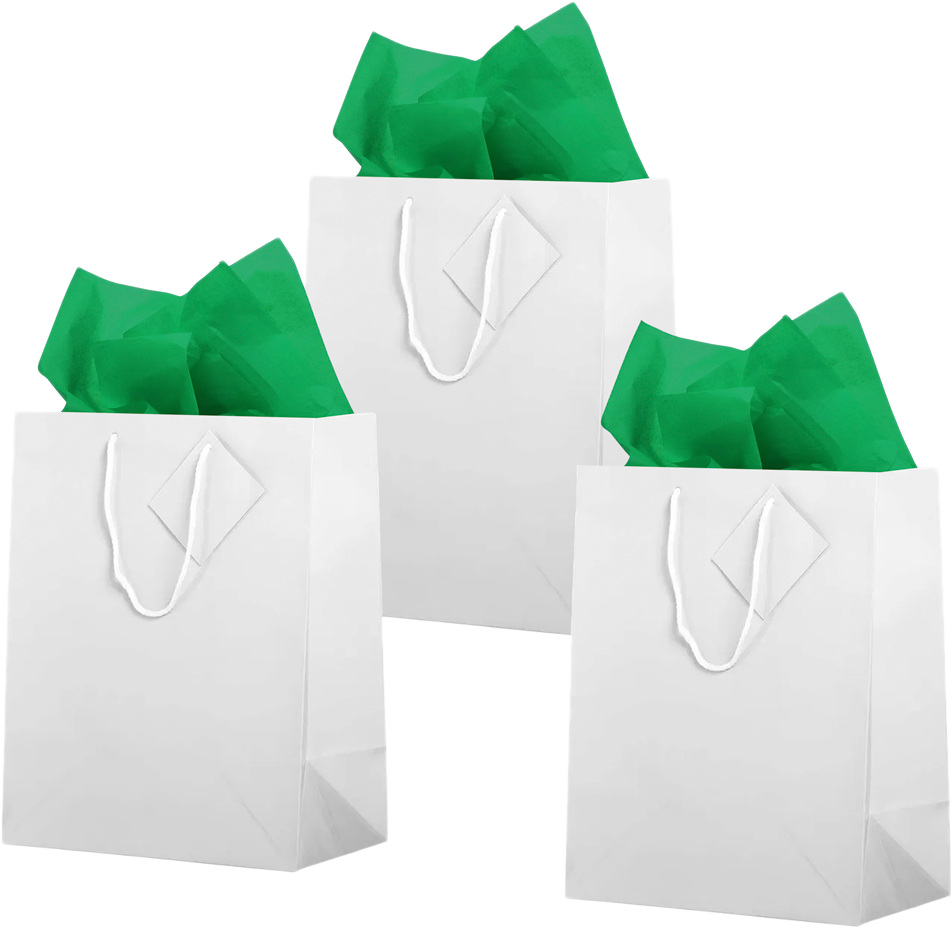 White/Green Large Glossy Gift Bags (10 x 13 x 5) (3 Pack) with Tissue Paper (10 Pack)