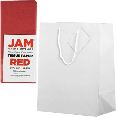 White/Red Large Glossy Gift Bags (10 x 13 x 5) (3 Pack) with Tissue Paper (10 Pack)