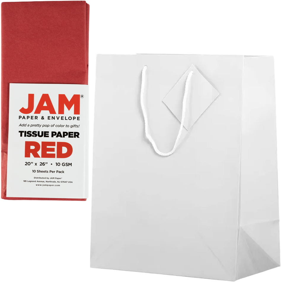 White/Red Large Glossy Gift Bags (10 x 13 x 5) (3 Pack) with Tissue Paper (10 Pack)